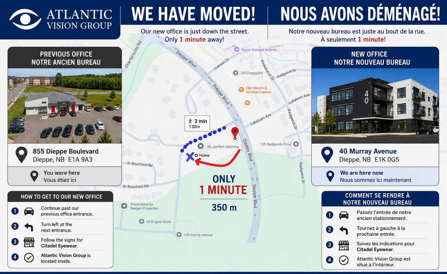 Map showing the move from 855 Dieppe Boulevard to 40 Murray Avenue, about one minute away.